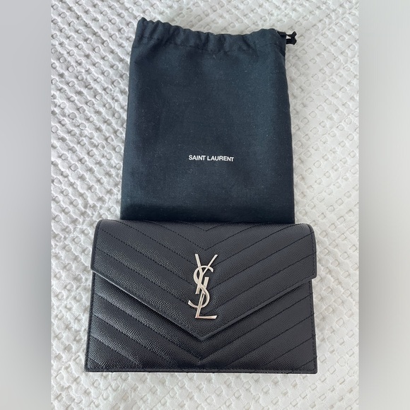 Saint Laurent Monogram Small Envelope Wallet on Chain/ Clutch - Black w Silver - Picture 3 of 9